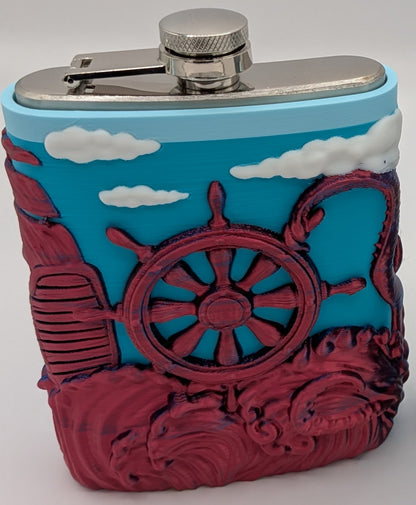 Colorful nautical-themed flask with ship's wheel and sea design, perfect for outdoor adventures or gatherings.